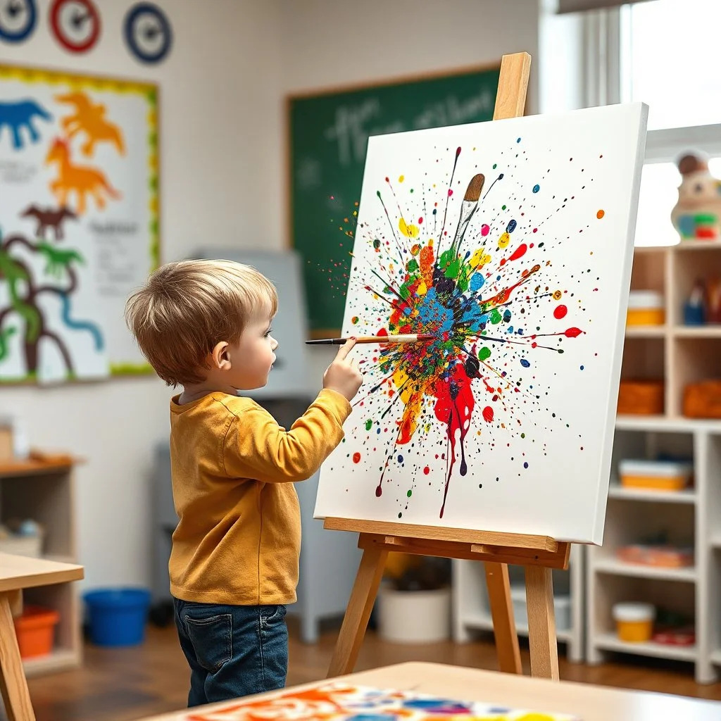 in a kindergarten classroom, a 6 year old child flings colorful paint with a paintbrush at a white canvas on an easel making an incredible cutting edge paint splatter arkwork worthy of Jackson Pollock, mixed media,