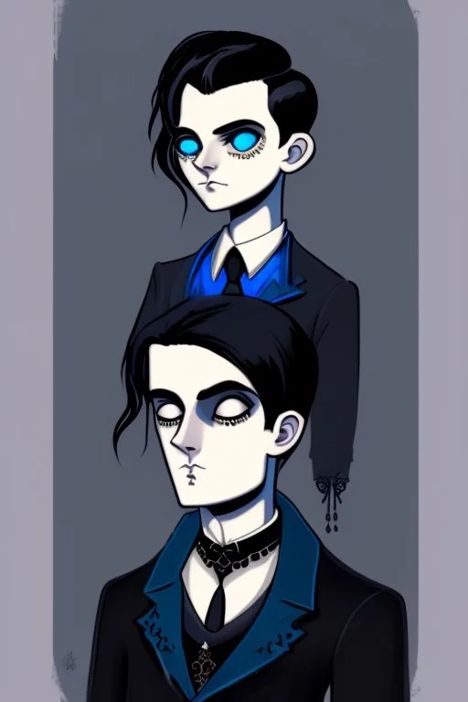 black haired blue eyed young man necromancer with gothic jewelry in the style of charles addams