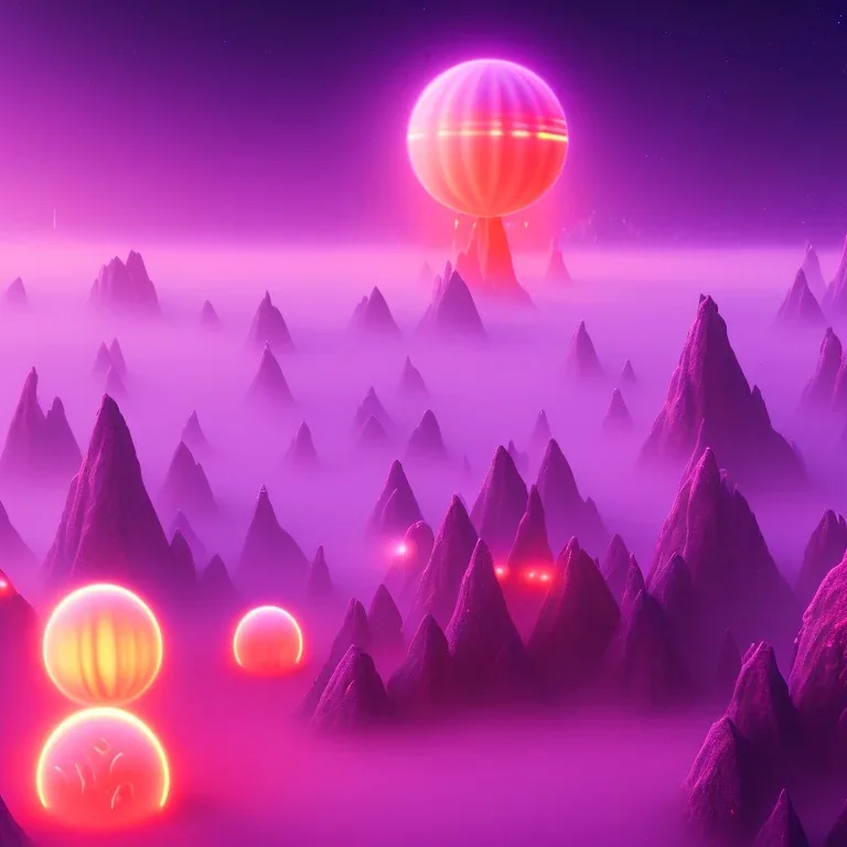 ALIENS FLOATING in the fog, spherical clouds, mountains, GLOWING, PURPLE, orange, pink, stars, TOWERS, 4K, 8K, CINEMATIC