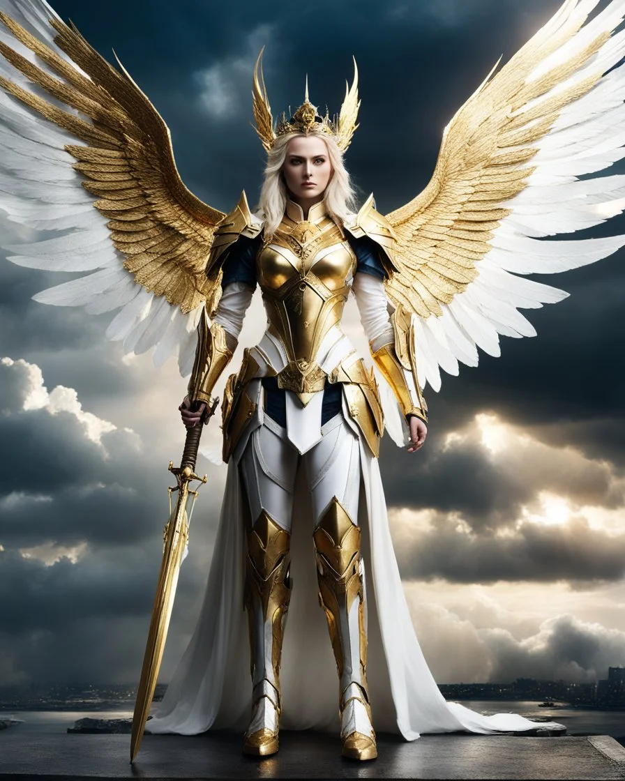 Length image An photography epic and realistic photography full body image of, a beautiful queen, a film character with large white wings, holding a shining golden sword, wearing colors mecha armor with gold details,luxury booth shoes, against a background of a cloudy sky with sunlight breaking through the darkness clouds,thunderstorm, in a stand dramatic pose, looking like a hero ready for an epic adventure.