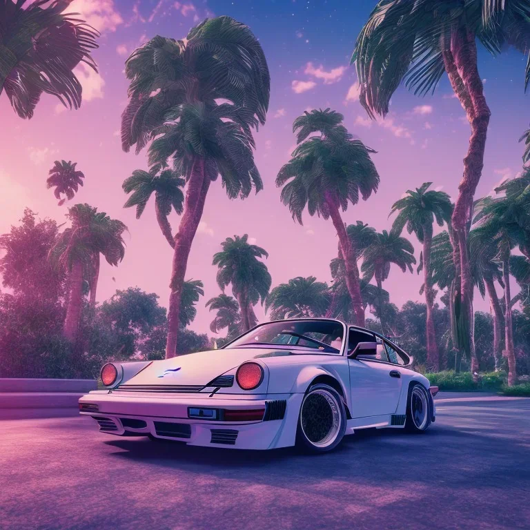 1980's aesthetic vaporwave palm trees and spheres and Porsche