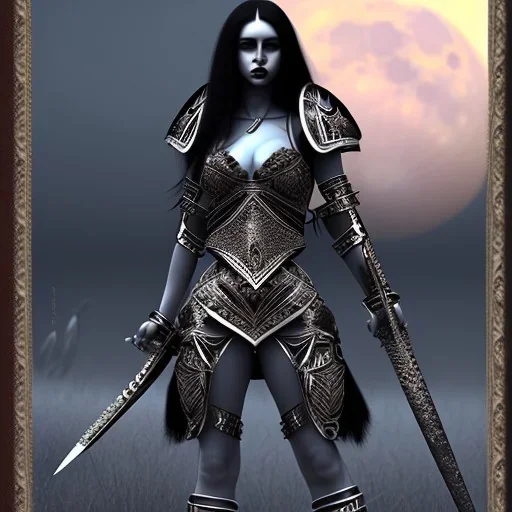 black hair lady warrior top with blade under the Moon