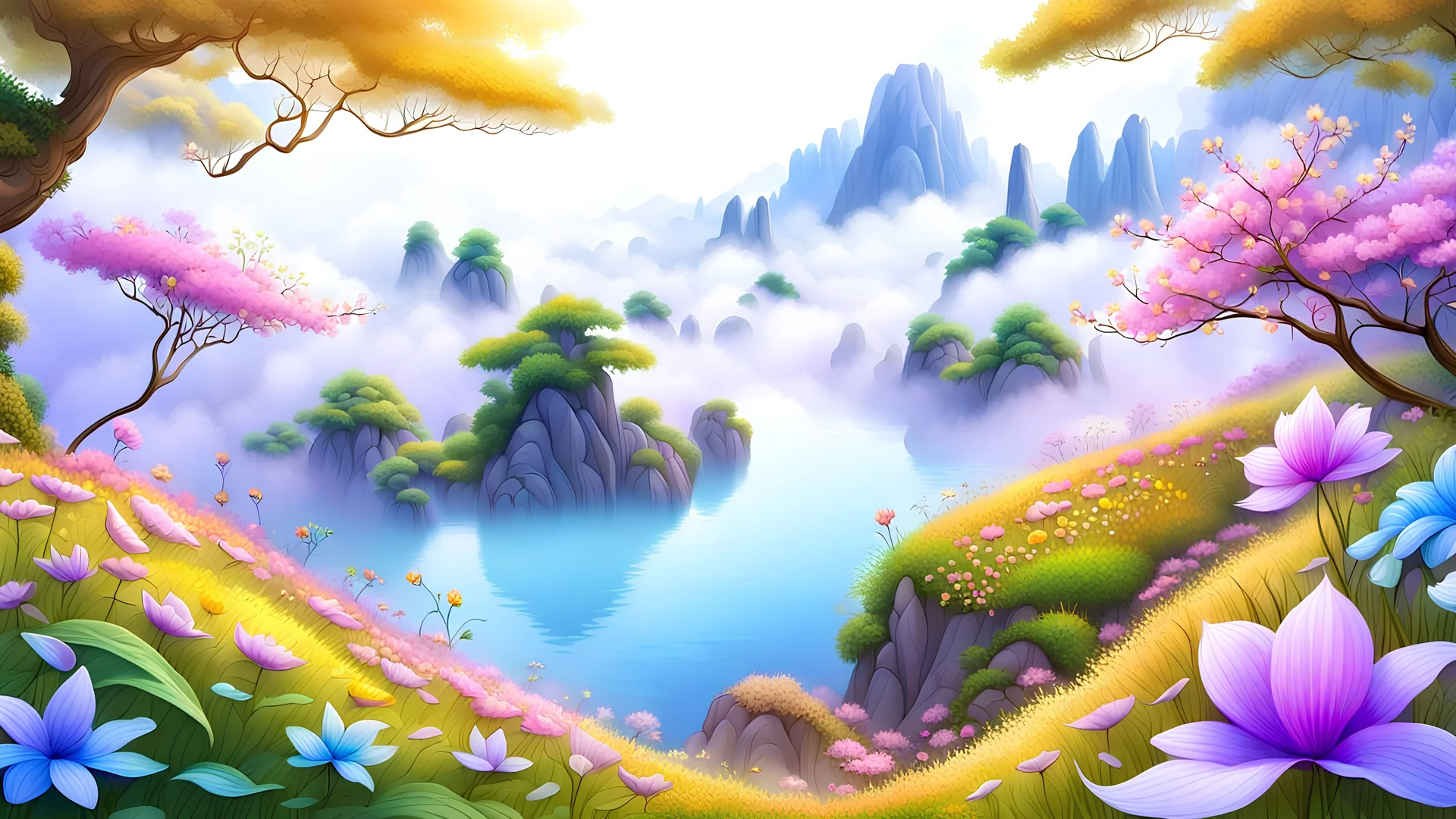 beautiful colorful Asia state spring's flowers, leaves, nature, beautiful fog, fantasy, romantic dreamy mood, special sightseeing, elegant, cute, dramatic viewing, amazing world, photorealistic drawings, pastel colorful, 3d detailed