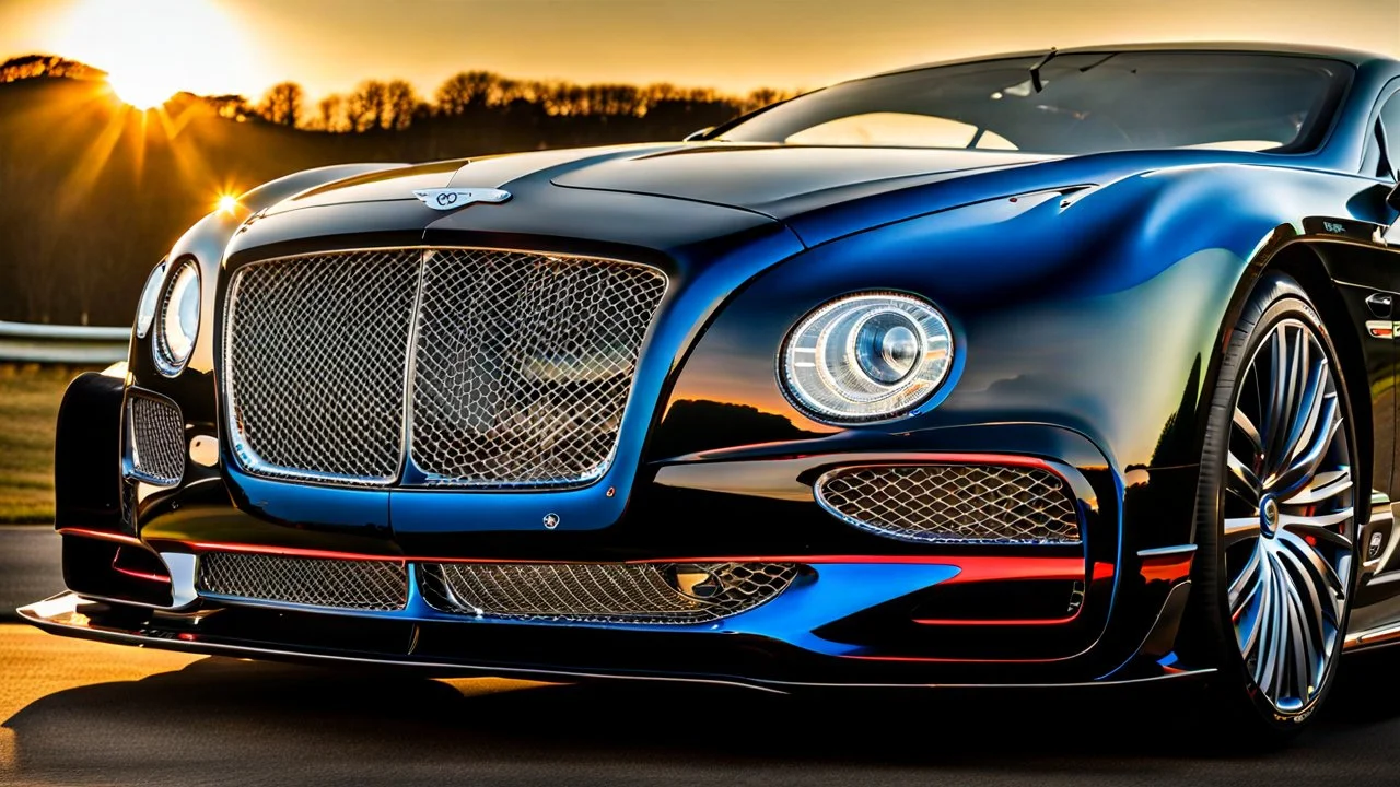 A sleek (((bentley gt3))), its glossy shell reflecting the (((bright sun))), cutting through a (((clear bright blue morning sky)))