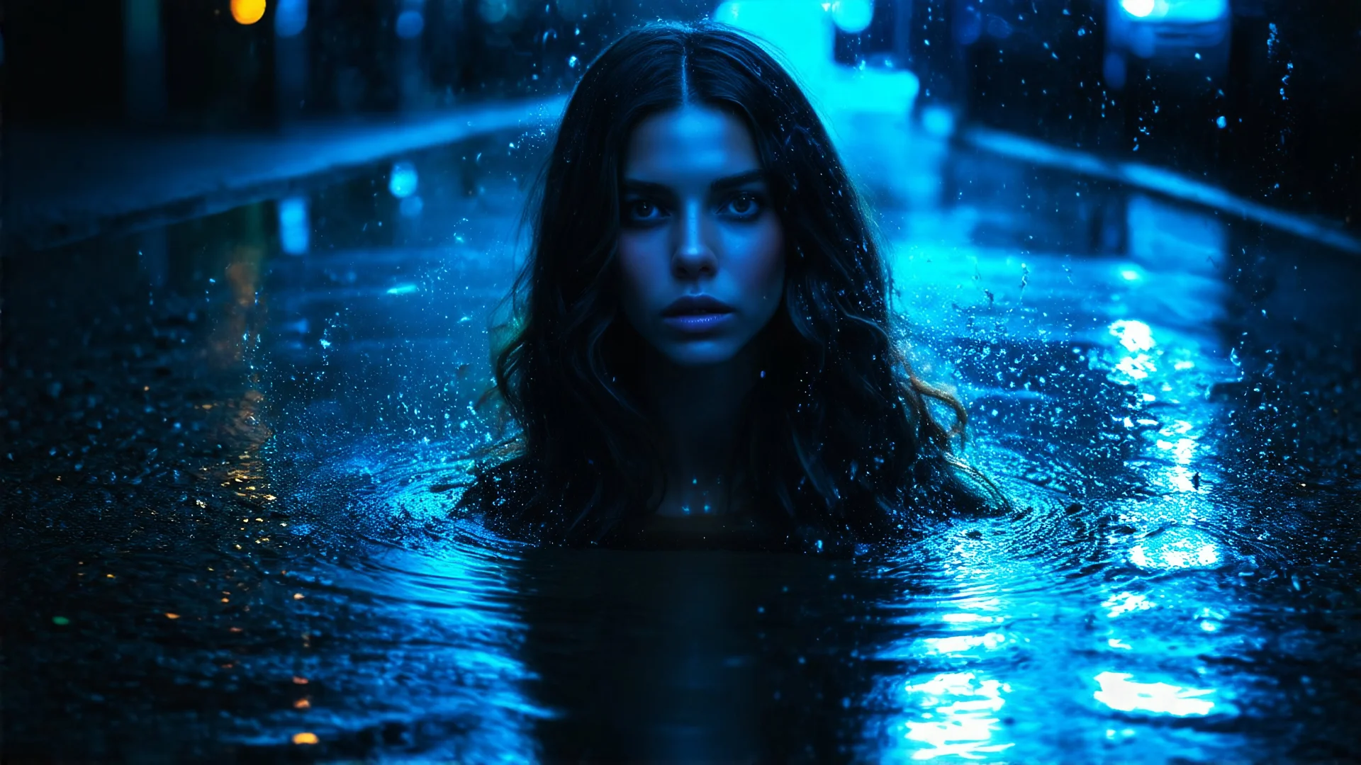 A distorted reflection of a woman in a puddle of water, the image rippling and fracturing with faint neon lights, creating a surreal and dreamlike effect. 4k realistic, dark futuristic, neon style