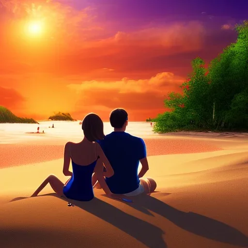 2 lovers watching the sunset sitting in the sand on a sand island