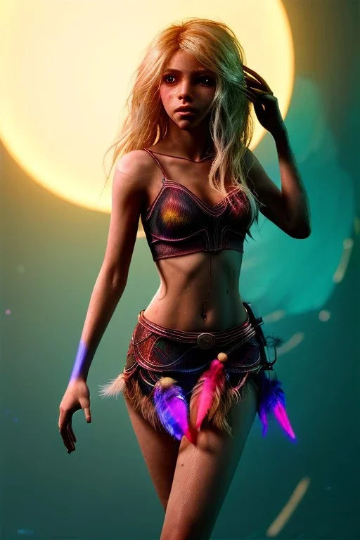 Shakira, artist, 30 years old, Realistic image, waist up portrait, etro style dress. Blonde, feathers, loose long hair, eyes make up, perfect, glow, circle iris. Neon colors, leds, geometric shapes. Dark background, photo studio, neon lights. Cyberpunk, concept art, smooth, unreal engine 5, god lights, ray tracing, RTX, lumen lighting, ultra detail, volumetric lighting, 3d, finely drawn, high definition, 4k.