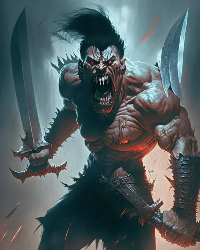 cursed apocaliptic screaming scary human berserker meaty black short hair big greatsword