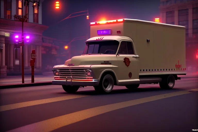 ambulance truck , street view, oakland, downtown, night time , unity, scriptable render pipeline , cinematic lighting.