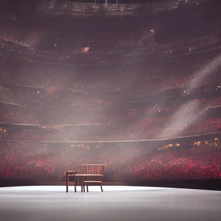 vivid photograph of a huge stage, where a bright spotilght illuminates a single tiny empty chair