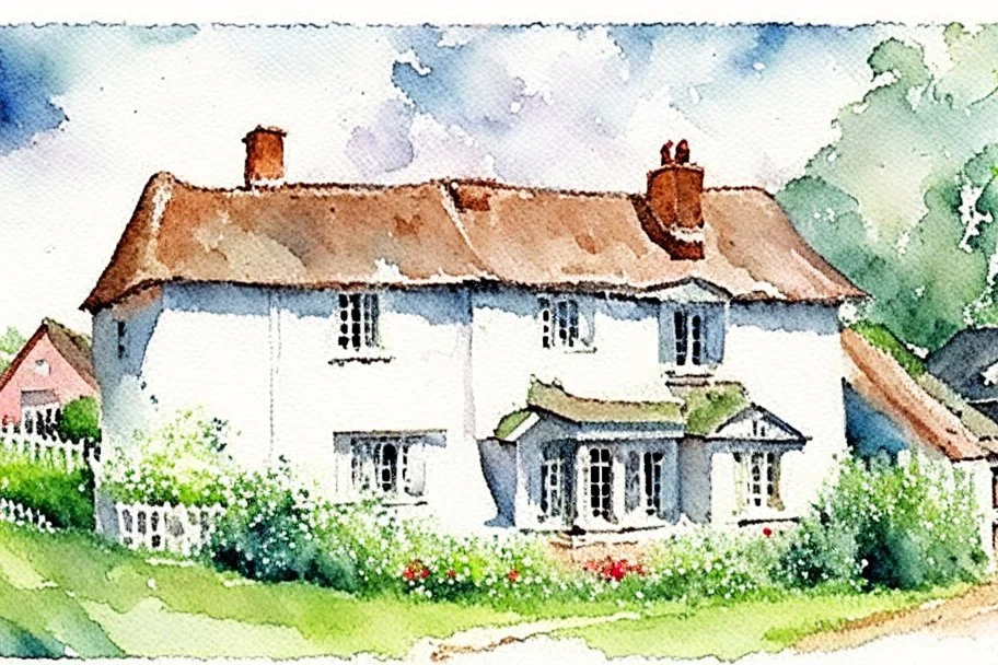 loose watercolour of an English cottage