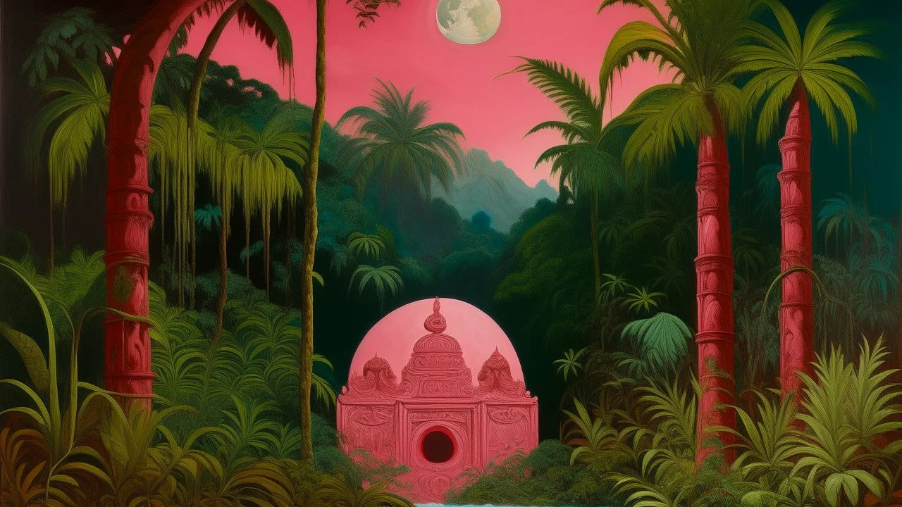 A pink rainforest with a moon temple designed in Kuna molas painted by Gustave Courbet