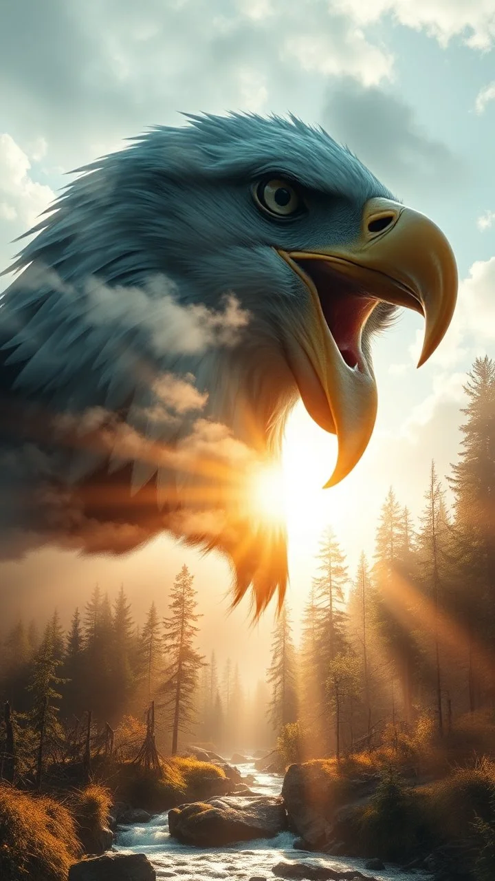 portrait of American eagle Double exposure surreal digital art of a mysterious , his face in profile, blending seamlessly into the shape of the clouds . a magical forest scene unfolds, illuminated by golden light rays, with tall trees and a flowing river.