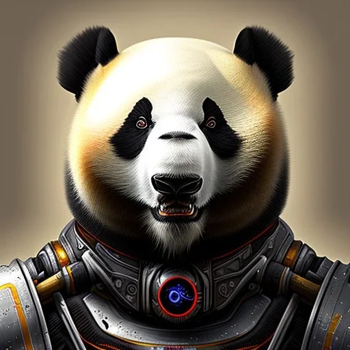  A beautiful portrait of a "cyborg panda" with rusty mask, full-scale head and shoulders portrait, 8k resolution concept art portrait by dynamic lighting hyperdetailed intricately detailed Splash art trending on Artstation triadic colors Unreal Engine 5 volumetric lighting Splash art fantasy"