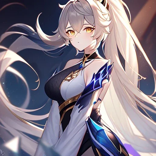 Clear focus, 8k, beautiful lighting, vibrant colors, girl, white long hair, vibrant golden eyes, messy hair, ponytail, honkai impact 3 outfit