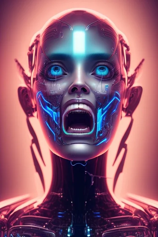 cyberpunk, head, scream women, portrai, open mouth, face cry, perfect skin, tron, cyborg, robot, cyborg, seven , perfekt, real, dream, hr giger