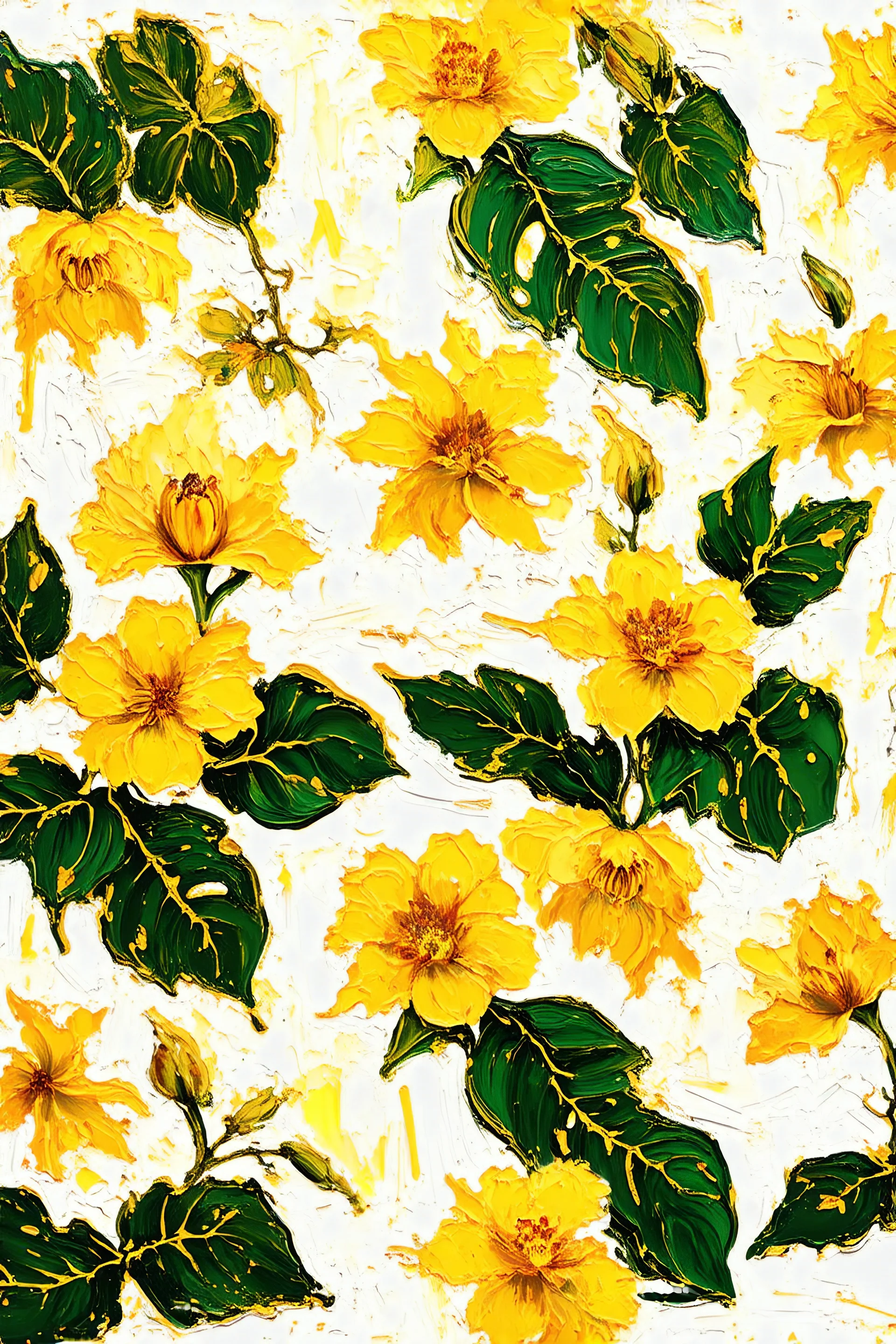 SEAMLESS Pattern masterfully detailed, vibrant yellow golden flowers green leaves and golden lines created with spatulated oil painting techniques, featuring thick, impasto strokes, grunge scratches, and deposit of saturated oil pigments along the with white background