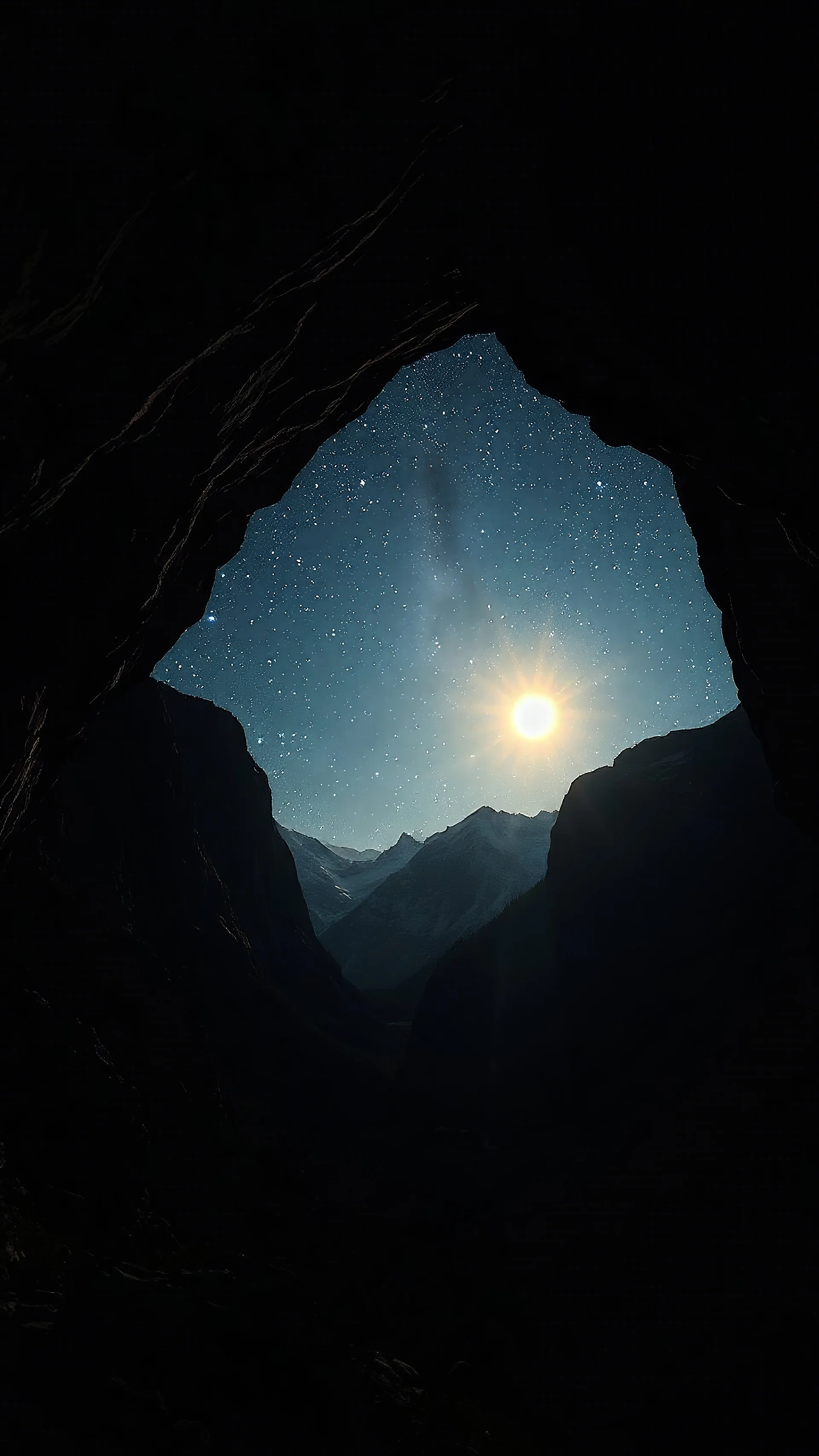 surreal glowing in dark, millions of stars. a sun view through a mountain cave in double exposure