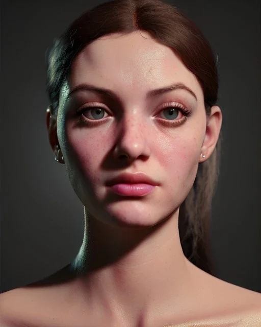 Realistic Waist up Portrait young woman, face muppet skin, retro style, photo studio, unreal engine 5, god lights, ray tracing, RTX, lumen lighting, ultra detail, volumetric lighting, 3d.