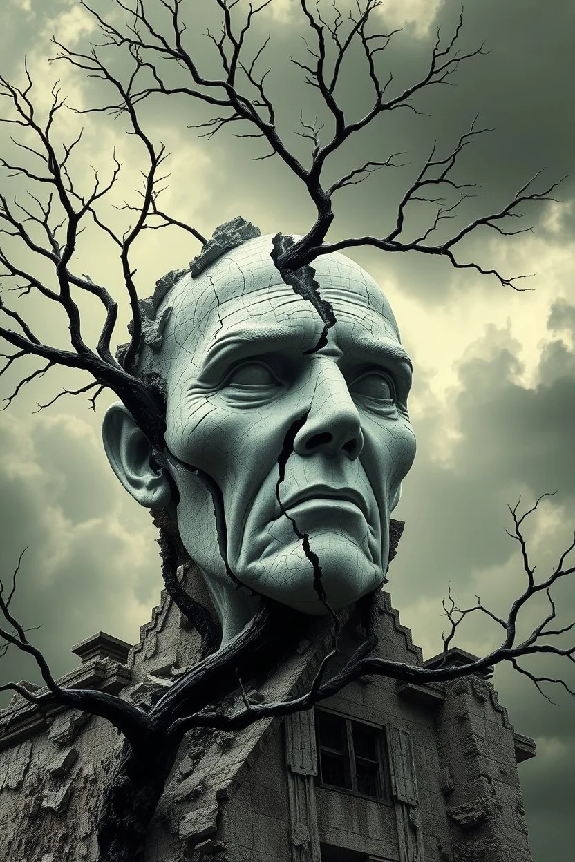 surrealis monochrome A fragmented, surreal sculpture liguid color of photorealistic image 3d,psychedelic art of an old man face glossy emerging from dreamlike a crumbling building. The face appears pale with deep cracks and intricate details, evoking a haunting expression. Blackened tree branches intertwine with the gold mengkilat cracks, set against a backdrop of stormy, cloud-filled skies. bauhaus art The overall tone is dark and moody, suggesting themes of decay and transformation. Include