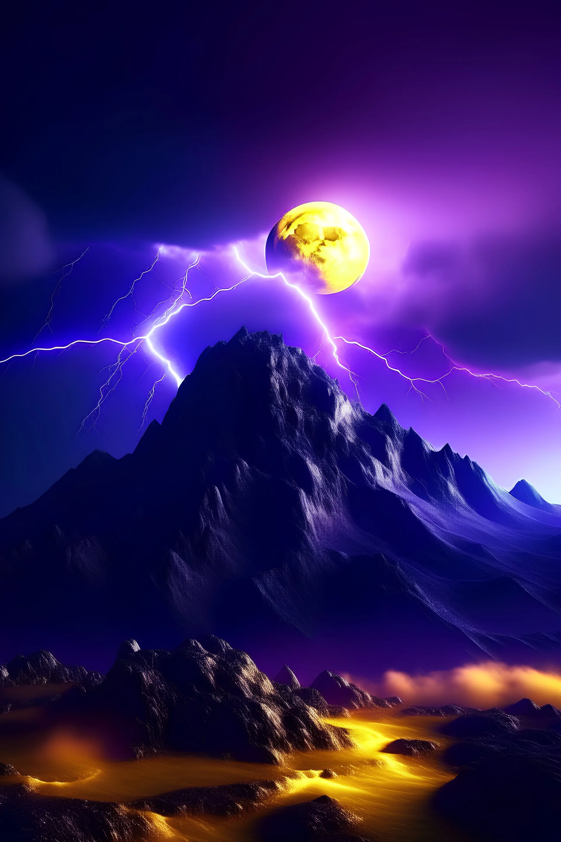 montaña con vista a una luna color purpura rodeada de relampagos de color amarillo