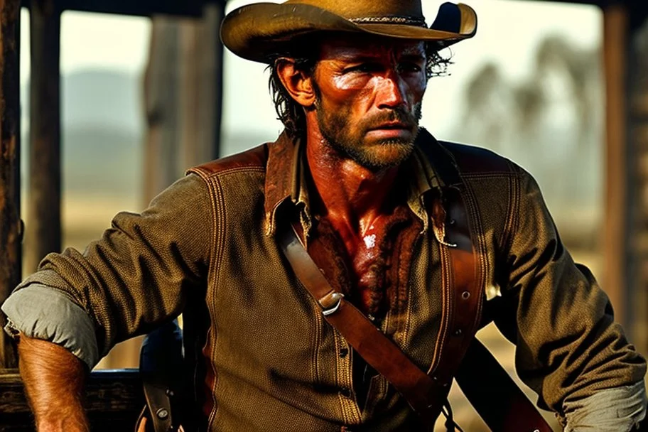 Young rough and rugged muscular cowboy photorealistic in a saloon