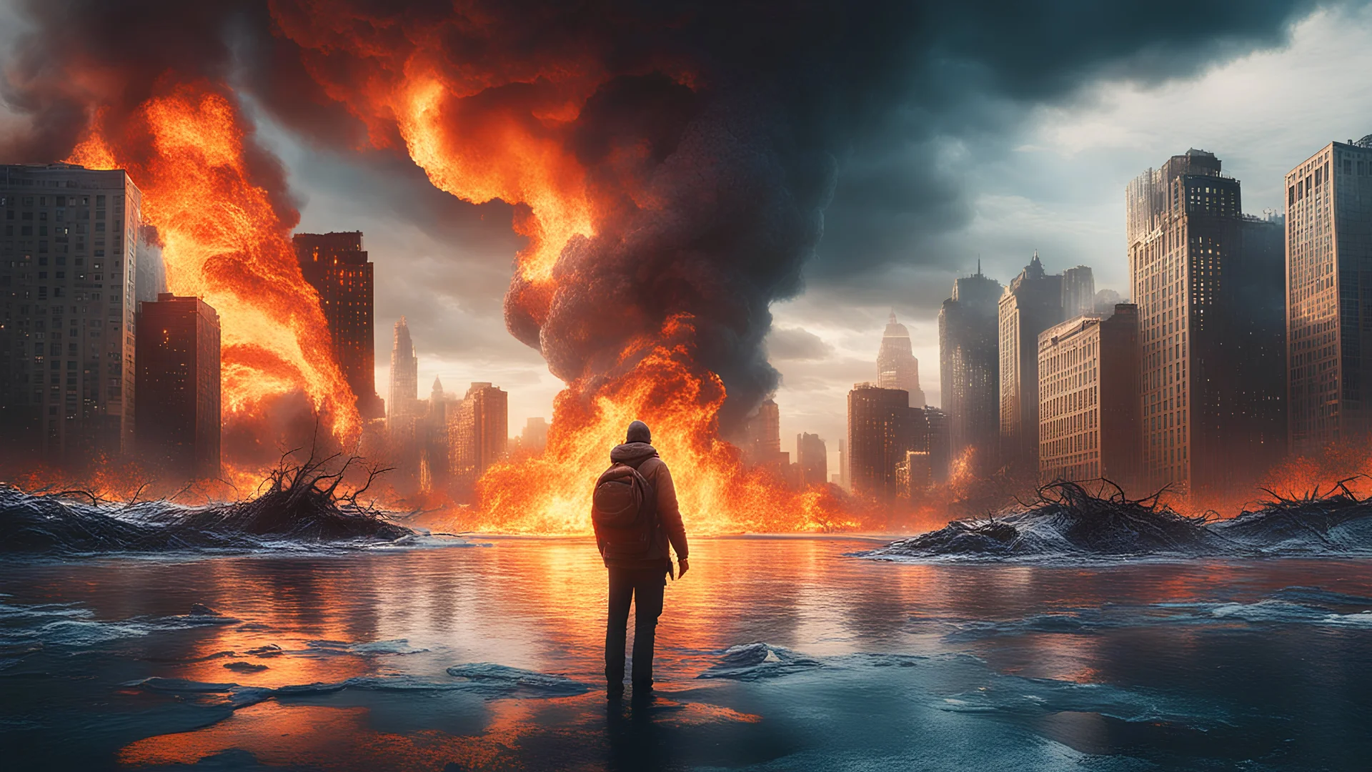 Create an image portraying Earth engulfed in flames, with melting ice caps and flooded cities in the background. Show distressed wildlife struggling to survive amidst the devastation, while a solitary figure stands with determination, holding a wilted plant as a symbol of hope for the future. Capture the urgency and severity of the climate crisis, urging viewers to take action before it's too late