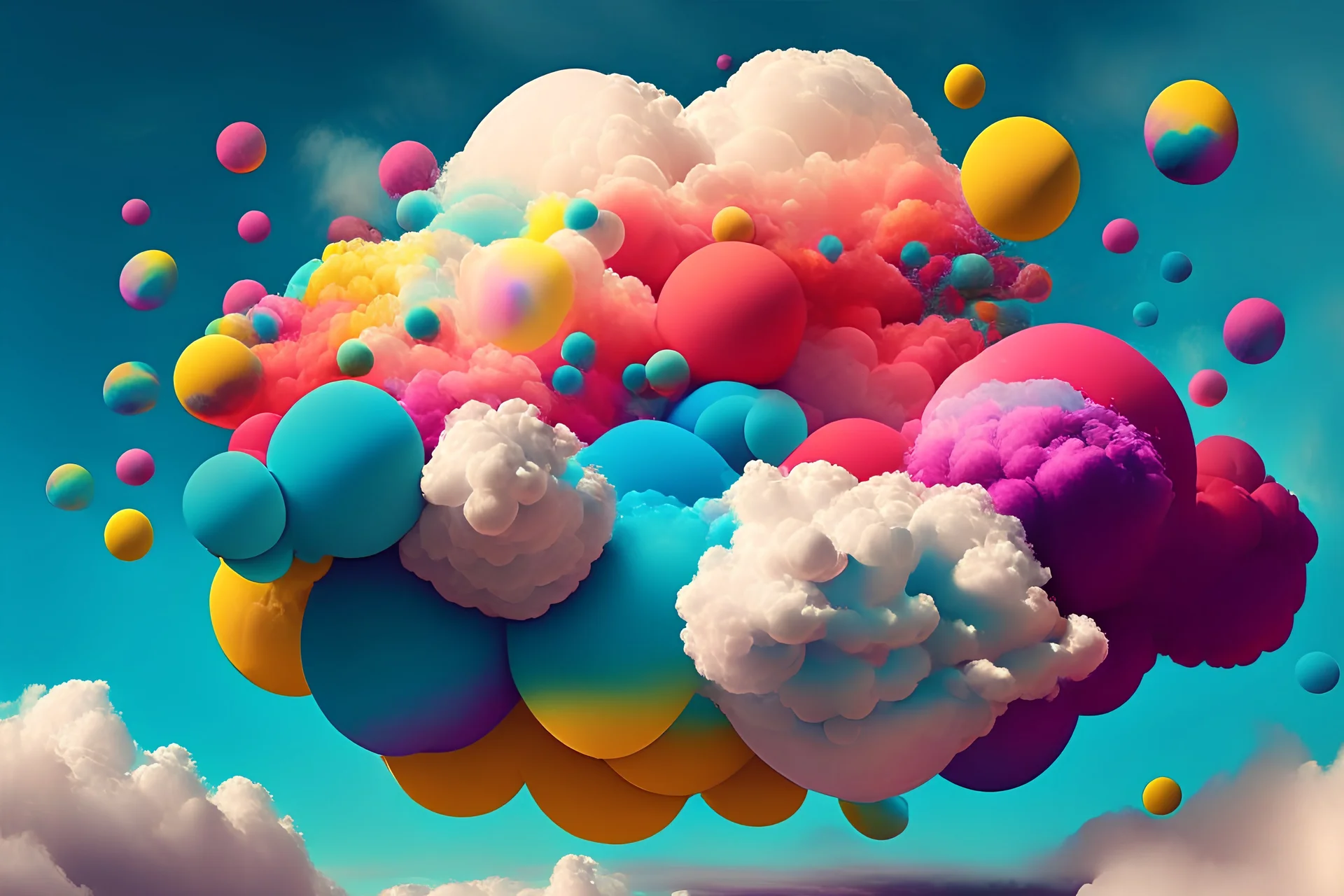 jumbo colour burst balls floating in clouds