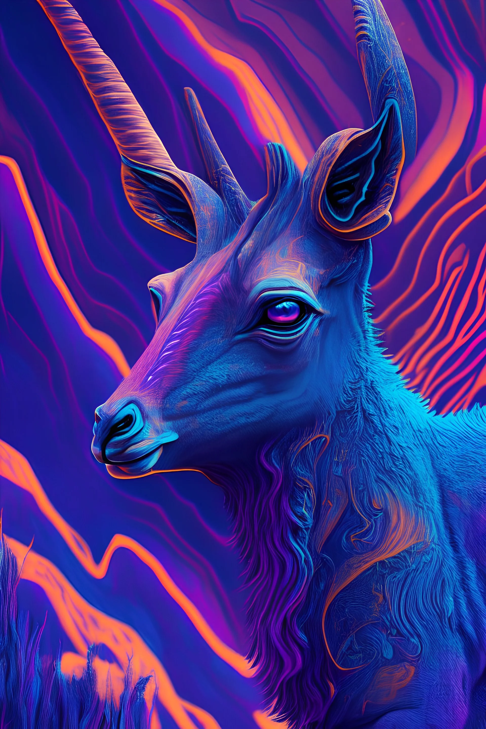 chamois llama alligator porpoise guanaco ,psychedelic, vibrant color scheme, highly detailed, sharp, romanticism, cinematic, concept art, 4k, 8k, trending on art station, purple and blue tones