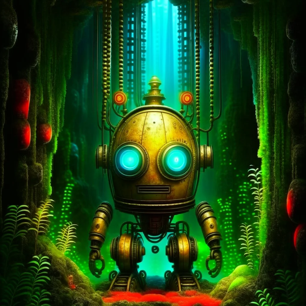 portrait of advanced cute chat robot in the style of lovecraft , in front of teleporter portal to the sea in an underground grove, in the style of dali, 8k, down-light, soft light, depth of field, photo realism, trending on art station, high detail