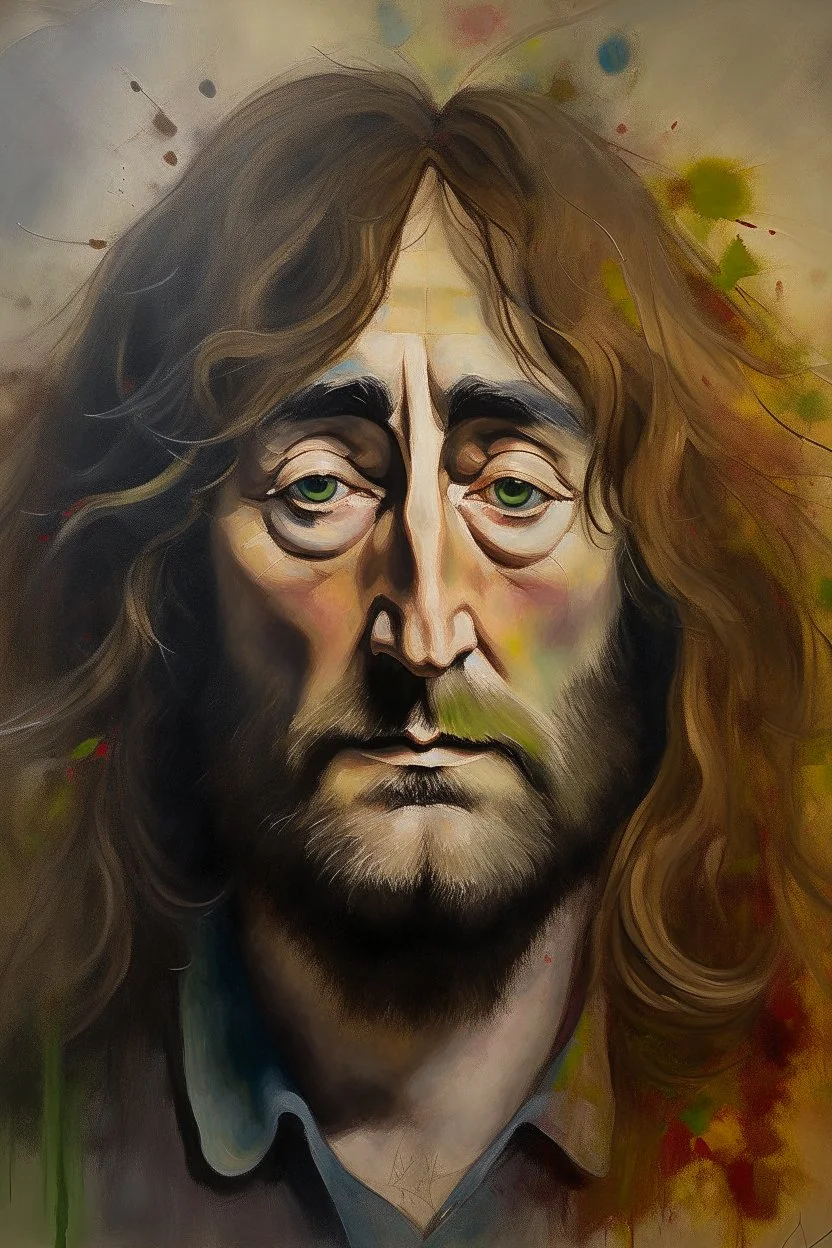 an expressive painting of John Lennon with long hair and beard , we might see a companion with features of absolute strength and determination, blended with warmth and deep faith. Perhaps her face expresses wisdom and courage, with eyes radiating confidence and faith.