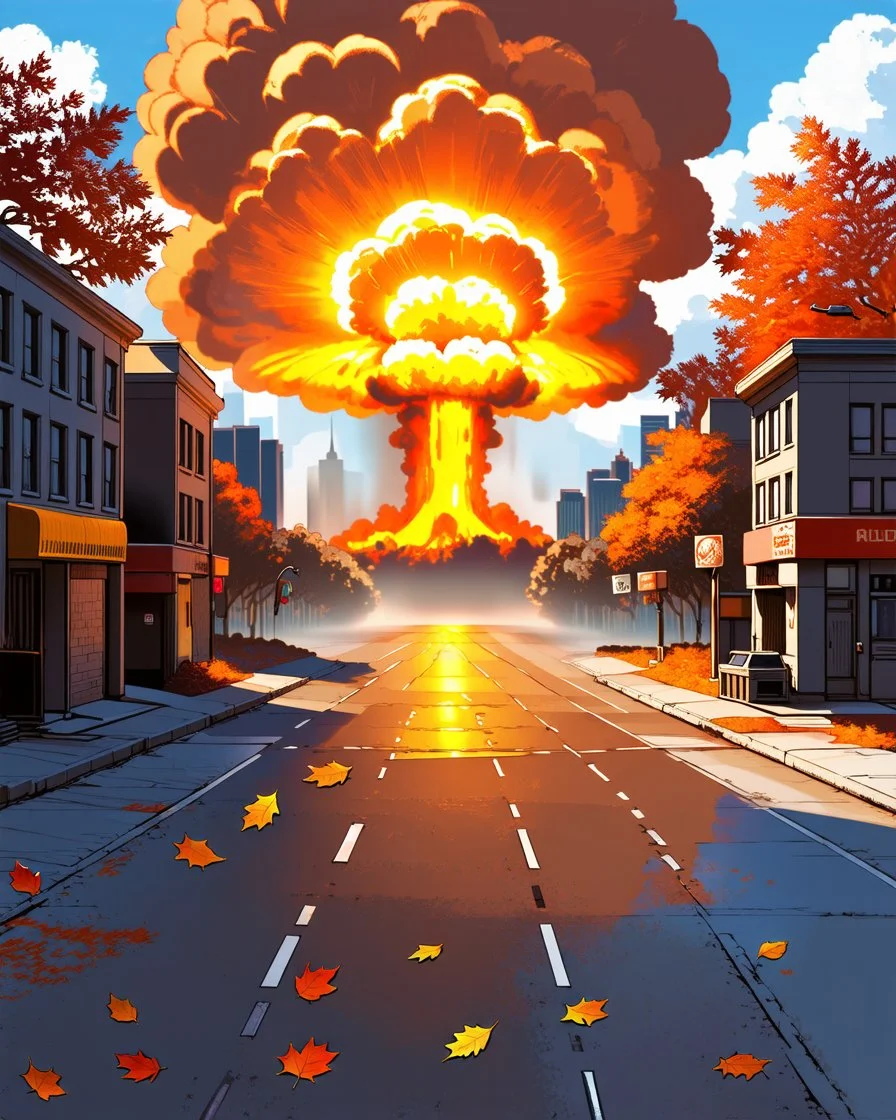 town street with a nuclear explosion in the distance, autumn colors, leaves falling on street, leaves falling in foreground, light source is the nuclear explosion, yellow orange brown pallet, very low vantage point, digital painting