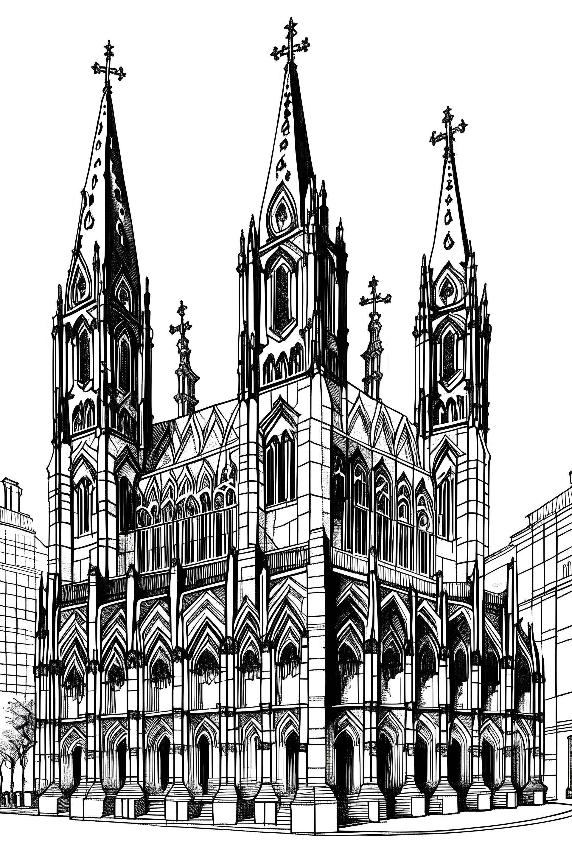 black and white colors only ; illustration of saint jacques cathedral in spain viewed from obradoiro squared; no background