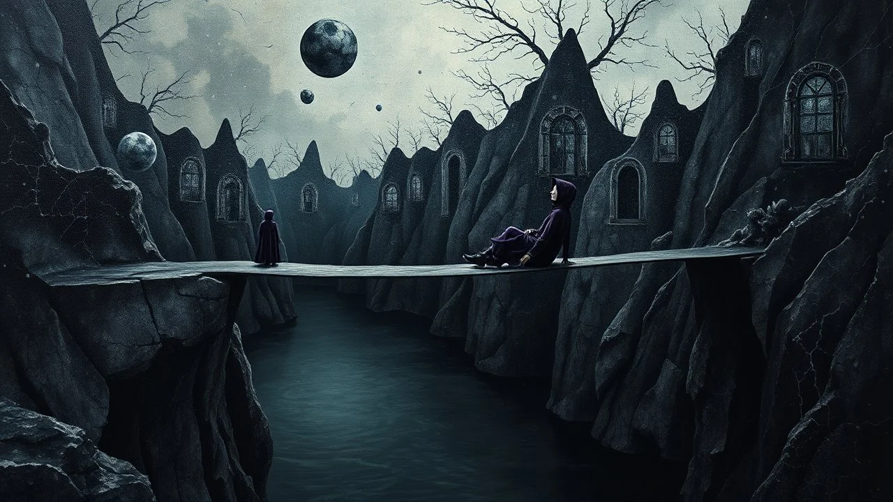 painted inner world with neurodivergens mind and soul, floating doors over surreal cracked weird landscape . one thin bridge over big black river, . deep dark colors, with silver and black. Whimsical strange style of Chagall, of Quentin Blake, andYoshitaka Amano of Anton Semenov. one dark purple-gray human shiluette in hood sitting on bridge and gazes weird absurd beauty nightmare, black shadows, in background cyber neuronic network, surreal vibe, nightmare