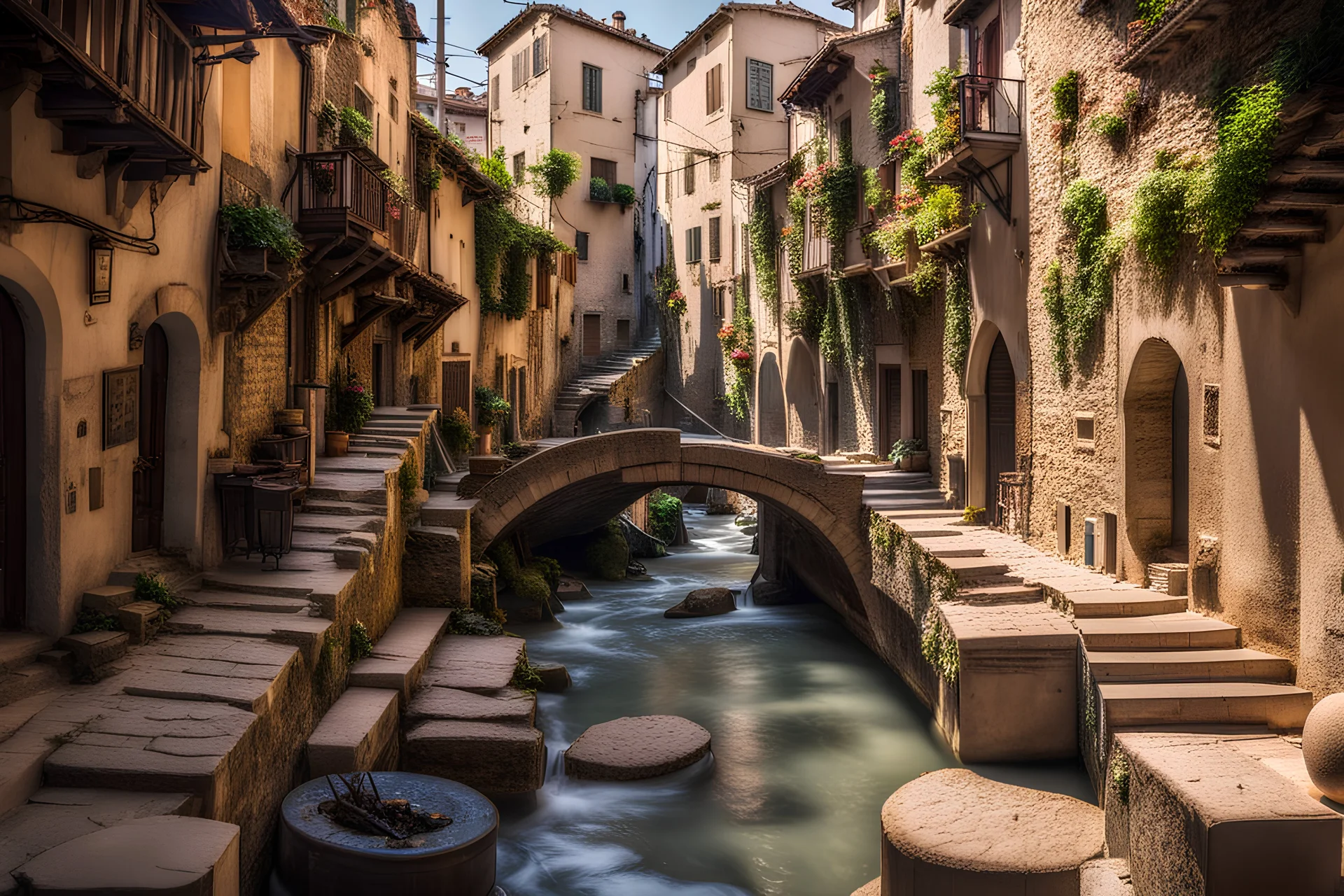 Busy ancient streets, alleys, small bridges and flowing water