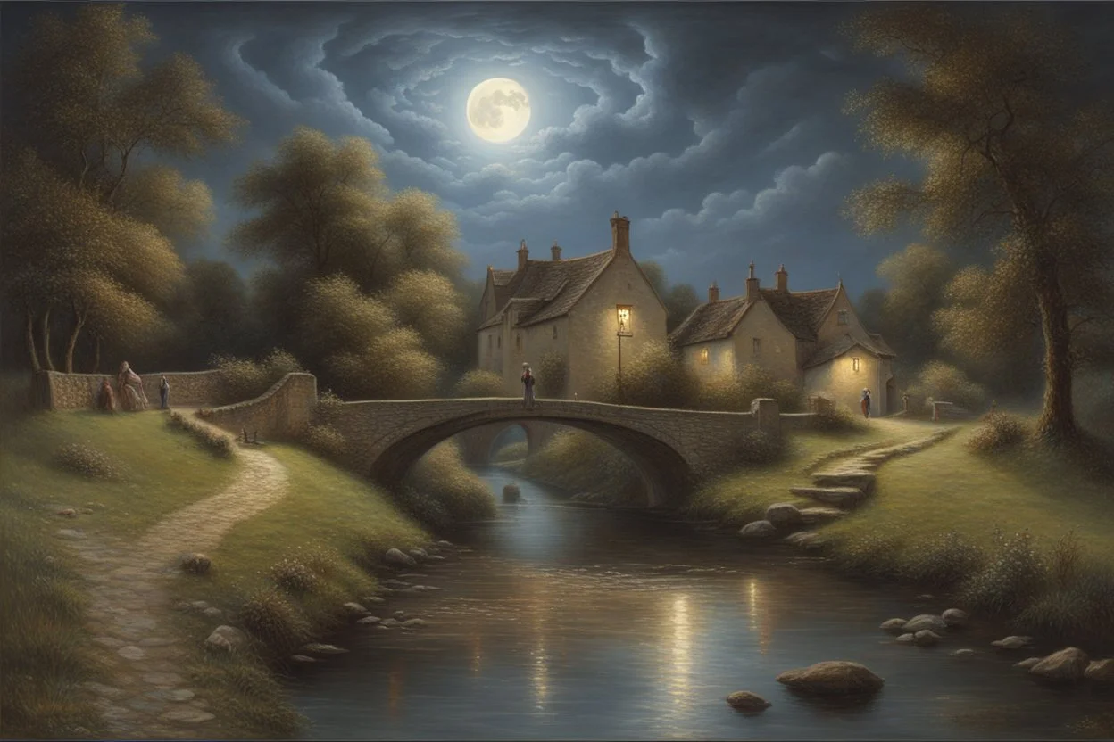 A Cotswold village, a brook, a bridge, Full moon, beautiful celestial sky, Milky Way, hyper-detailed art by Ivan Kramskoi. elegant intricate oil on canvas beautiful high detail award winning fantastic view crisp quality hdr