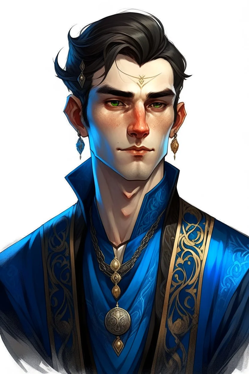 a wealthy half-elf young man with pointy ears and dark eyes, wears lots of jewelry, wearing blue and black