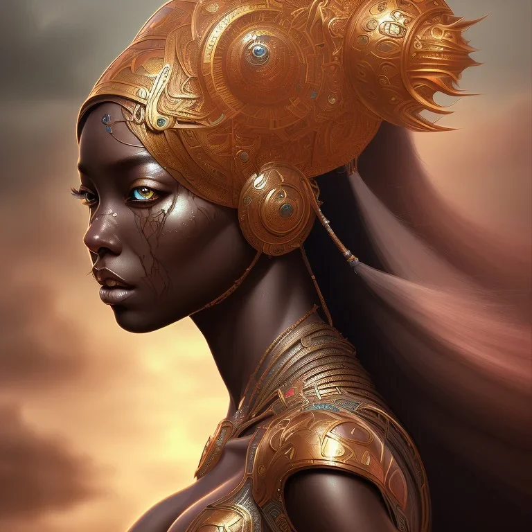 sango fantasy, fantasy magic, intricate, sharp focus, illustration, highly detailed, digital painting, concept art, matte, masterpiece head sexy lady body black African beauty space lady one tiger skin wearing African hair sun background