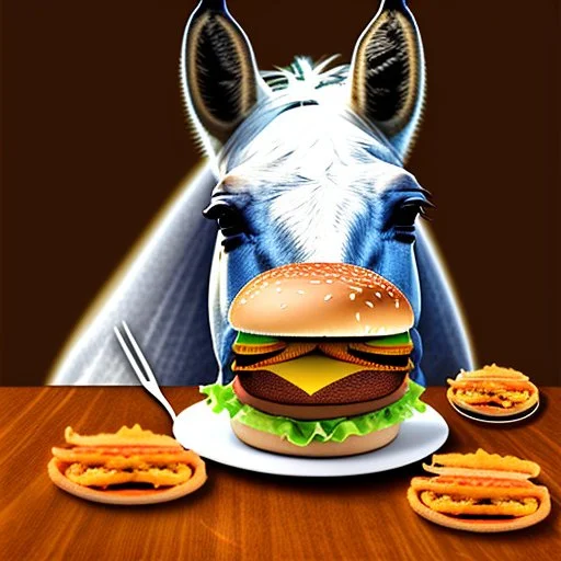 A horse eating a hamburger.