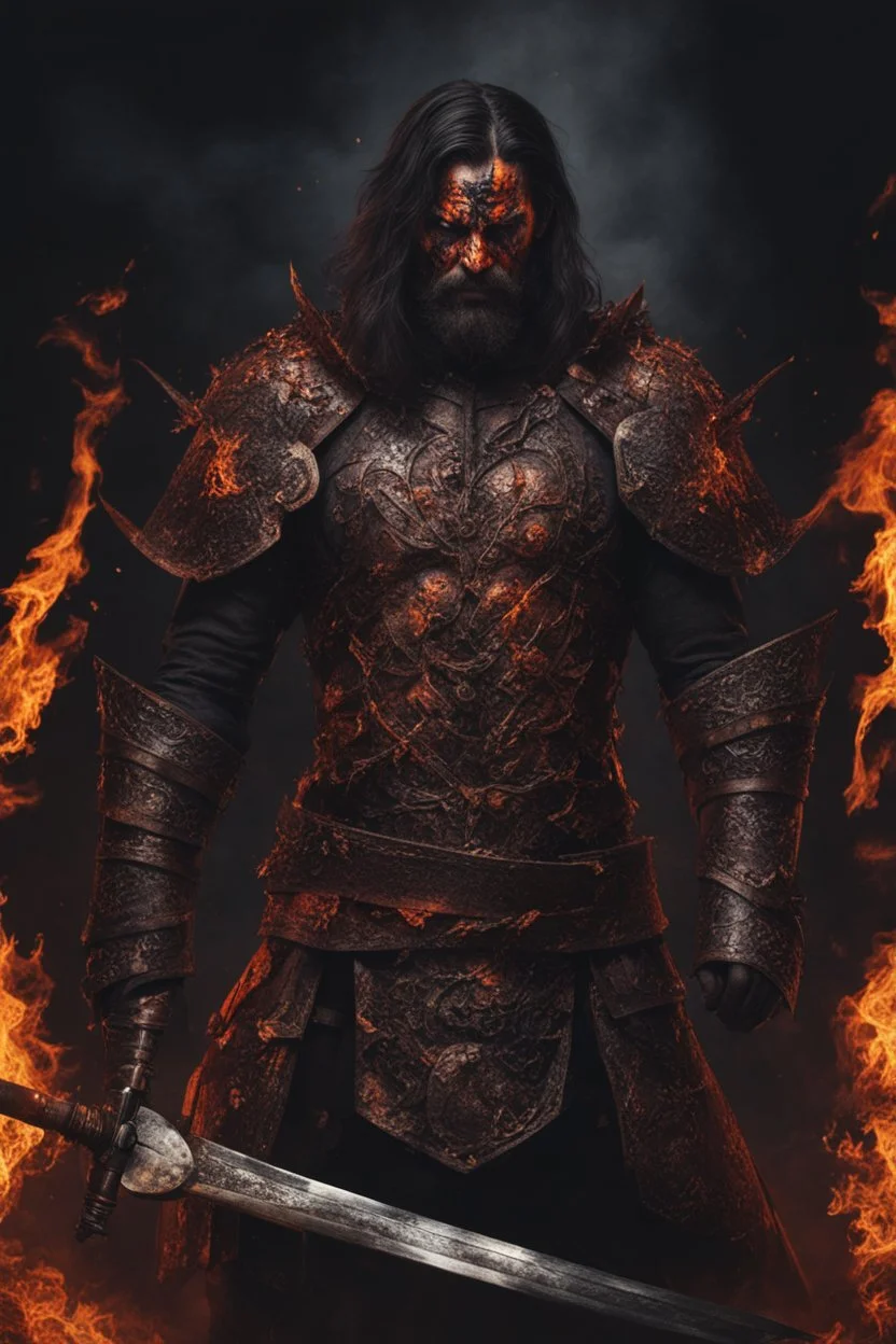 an insane warrior with his chest made of burning faces. dark horror setting.