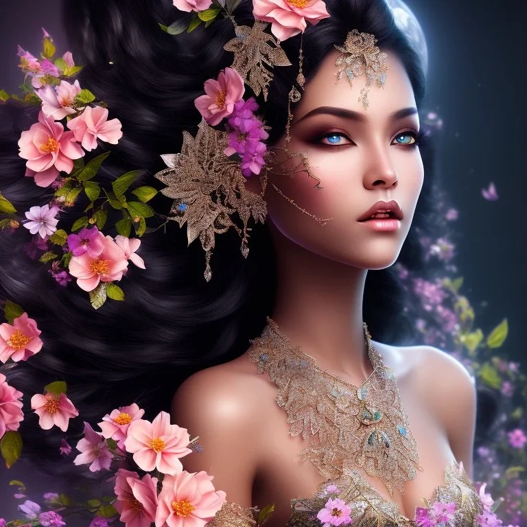 black skin fairy, beautiful portrait, flowery landscape