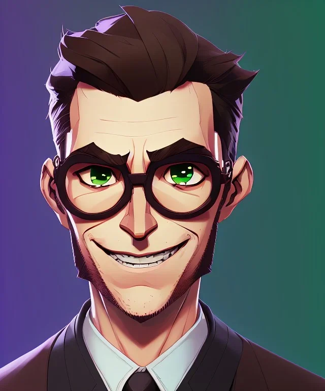 Fit man in round glasses, smiling eyes, wavy hair, stubble, slim, tie, monotone, green eyes, comic book style, two tone colours, detailed, ink, realistic, handsome, square jaw, big brows, no jacket, bird on the shoulder, spotlight