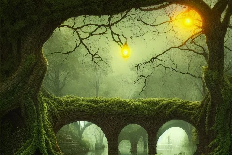 book cover!!!!!!!!!!!!, old bridge, ivy leaves graphic vectors at each border, fantasy forest landscape, fantasy magic, light night, intricate, elegant, sharp focus, illustration, highly detailed, digital painting, concept art, matte, art by wlop and artgerm and ivan shishkin and andrey shishkin, masterpiece