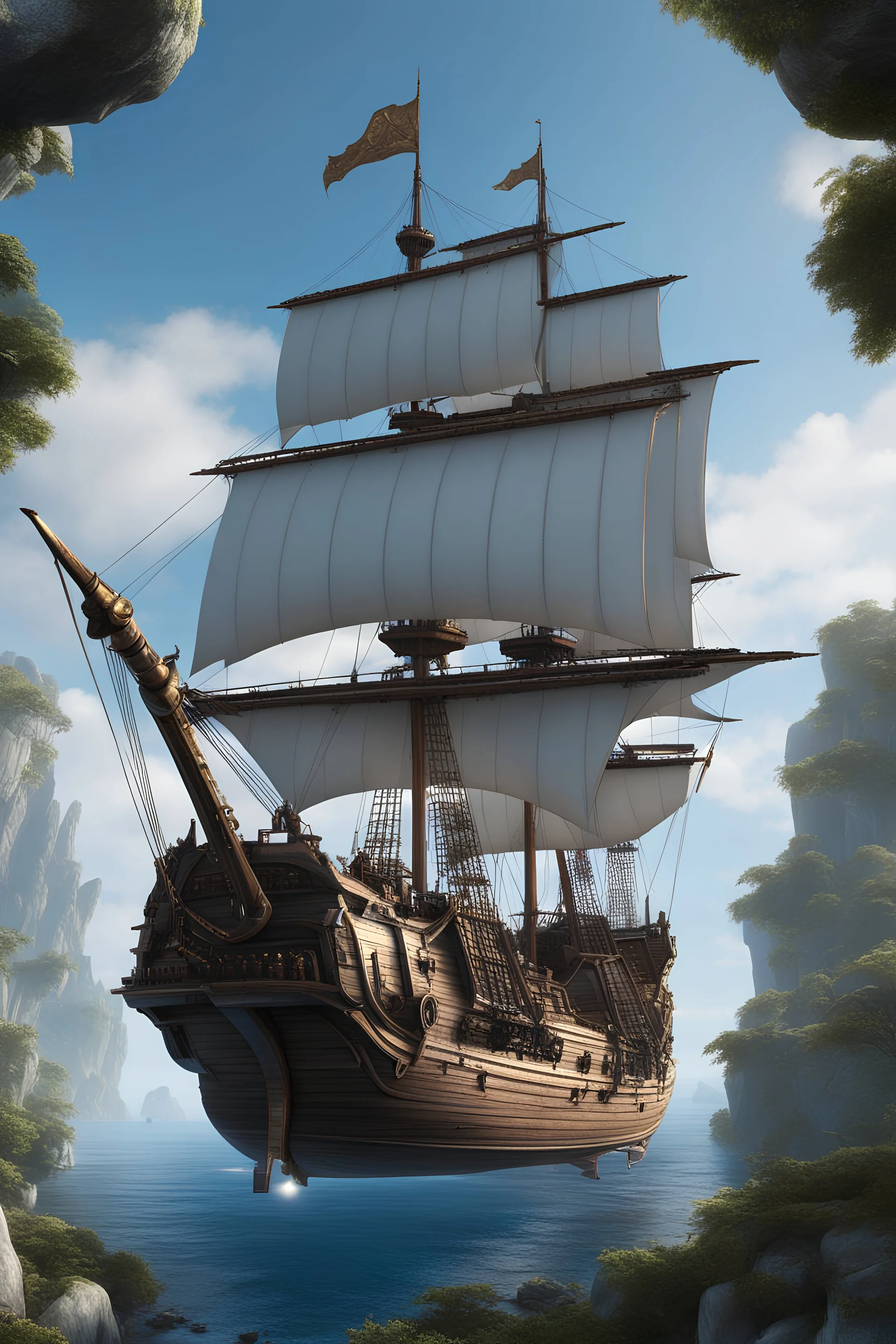fantasy flying galleon, blue orb outriggers, side view, high resolution cgi, 4k, unreal engine 6, high detail, cinematic, concept art, thematic background, center framed