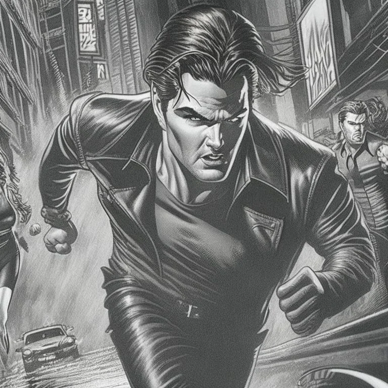 Sincity comic, a vampire running. Closeup.