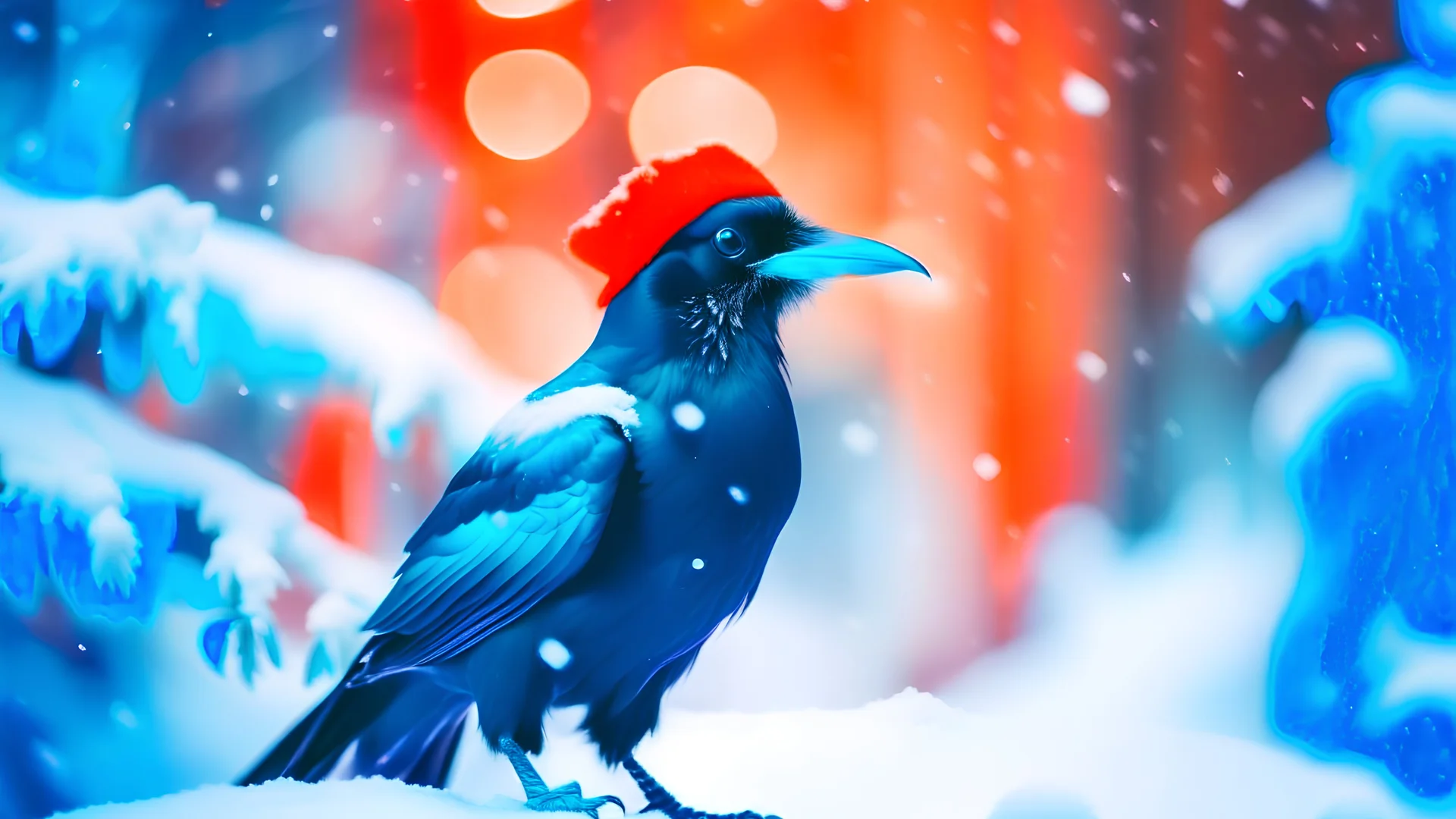 Capture a striking image of a crow with a Christmas hat in the snowy landscape, staring directly at the camera. Embrace the festive mood, showcasing the unique combination of the crow in a wintry setting with a touch of holiday cheer.