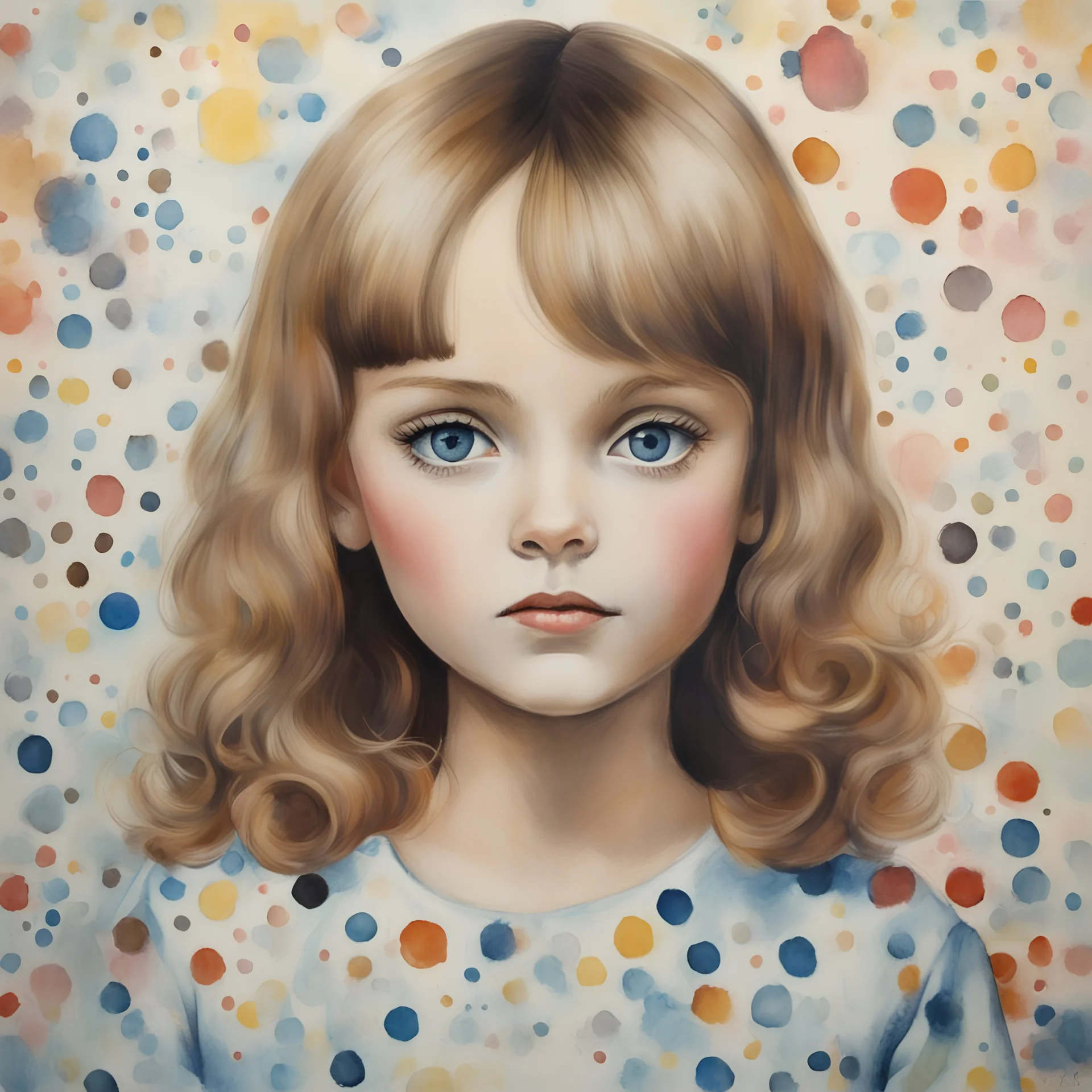 1960s,Vanessa paradis, little girl,in the style of Margaret Keane, watercolor dots in the background