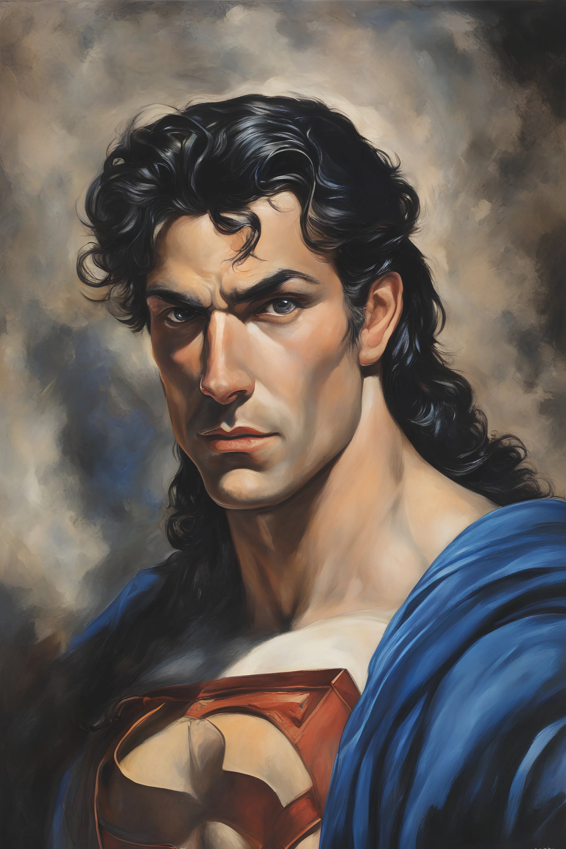 Oil on canvas, chiaroscuro, deep shadows, fairytale, 16th century masterpiece, rich deep colors, highly detailed portrait Superman, long black hair, blue eyes, slight smile, Boris Vallejo, Frank Frazetta, Julie bell, Caravaggio, Rembrandt, Michelangelo, Picasso, Gilbert Stuart, Gerald Brom, Jim Lee, Alex Ross, Dorian Vallejo, Stan Lee Lunar Display, northern lights, glowing, beautiful, Boris Vallejo, Frank Frazetta, Julie bell, Caravaggio, Rembrandt, Michelangelo, Picasso, Gilbert Stuart, Gerald