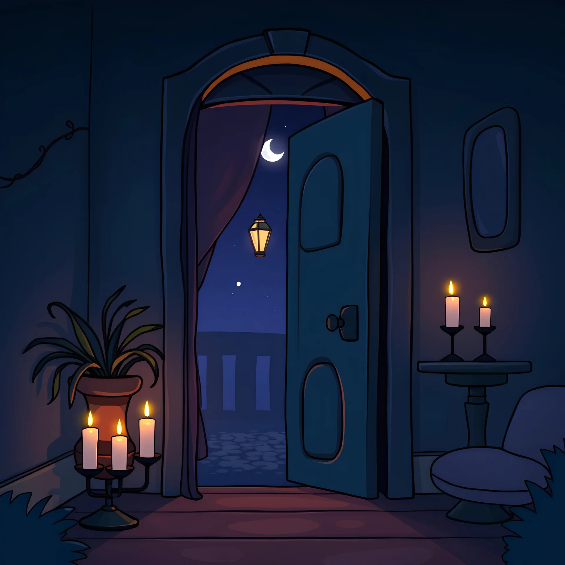 Cartoon whimsical fantasy nighttime apartment door lit by candles