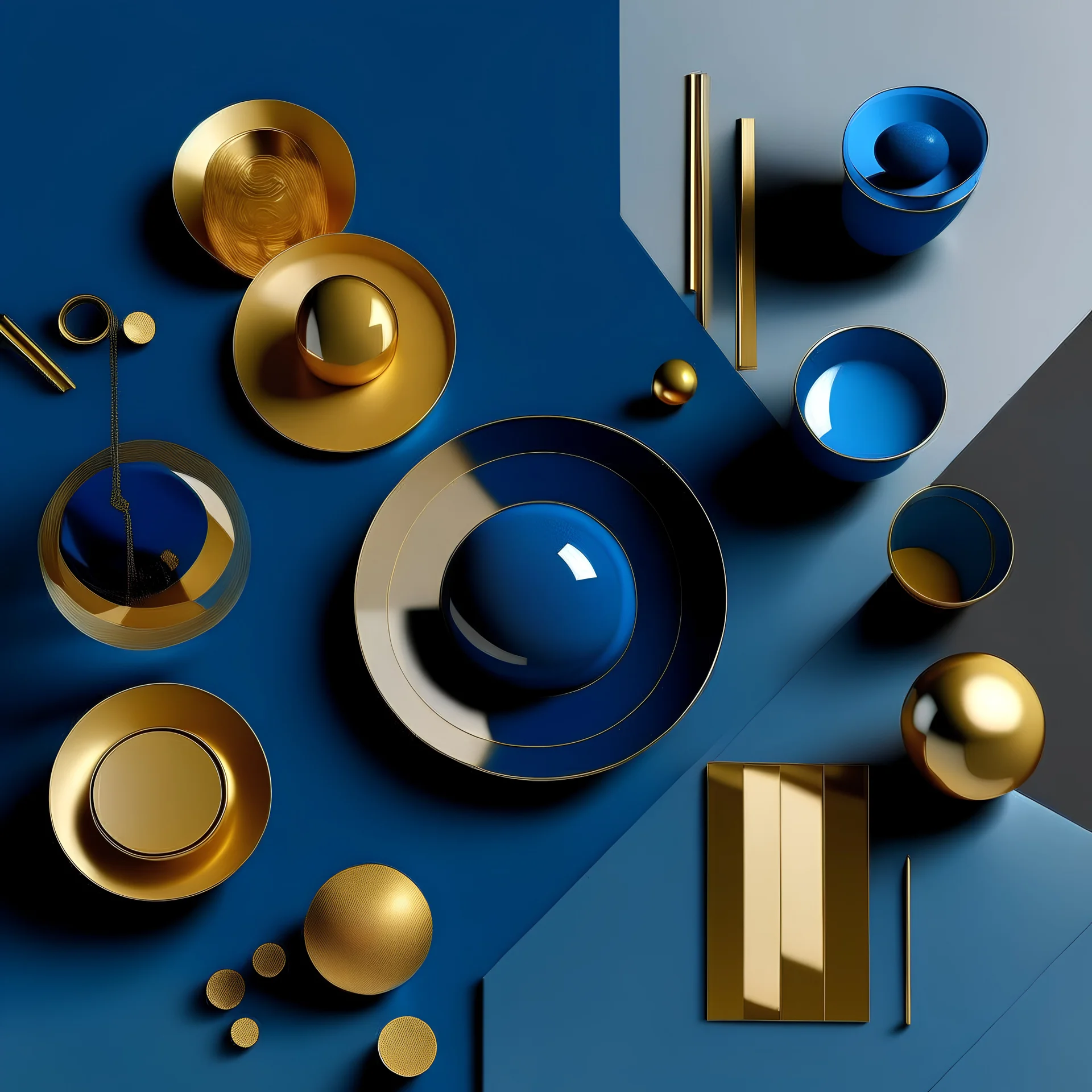 Tecno mood, gold and blue, moodboard, photorealistic